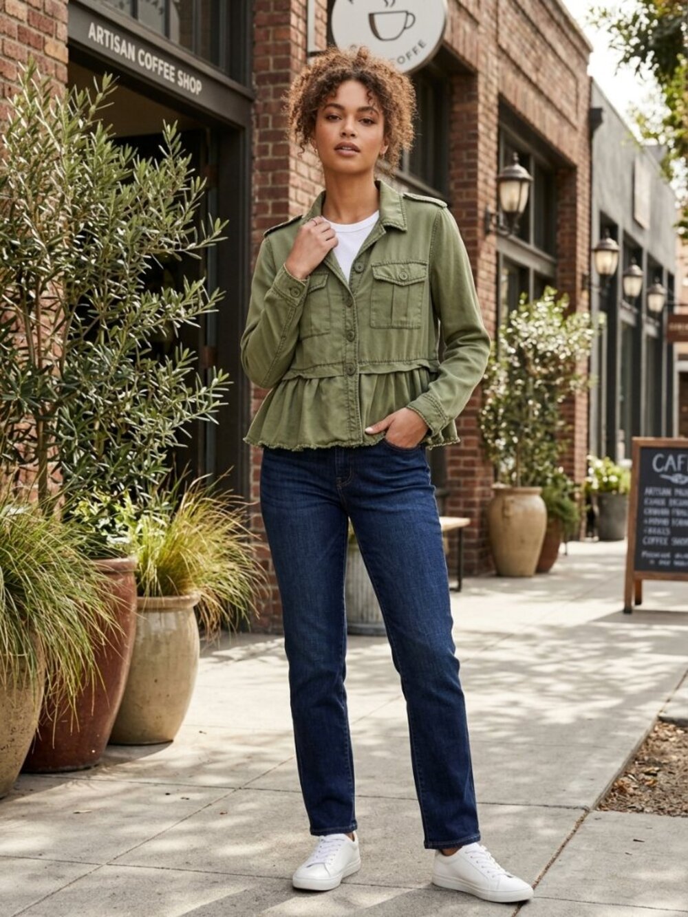 Sanctuary Olive Green Military Utility Peplum Raw Hem Jacket - XS